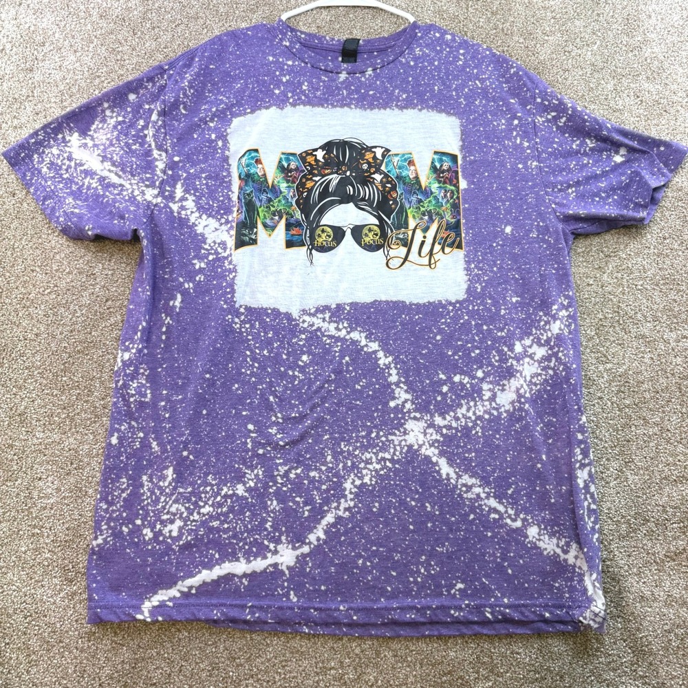 Womens XL Purple Bleached Hocus Pocus Mom Life‎ T-Shirt Halloween Witch Splatter